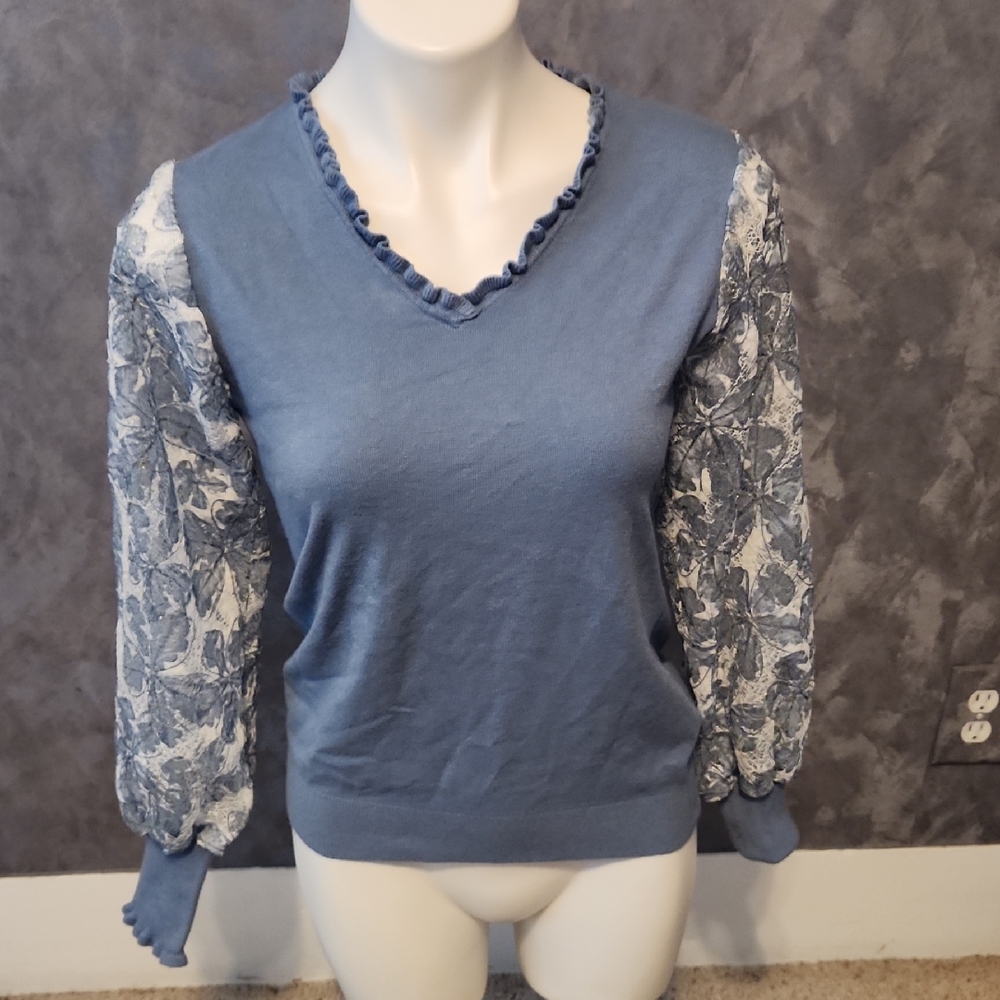 Siani Milano Hyrdra Blue Blouse With Sheer White Flower Sleeves Sz Small NEW